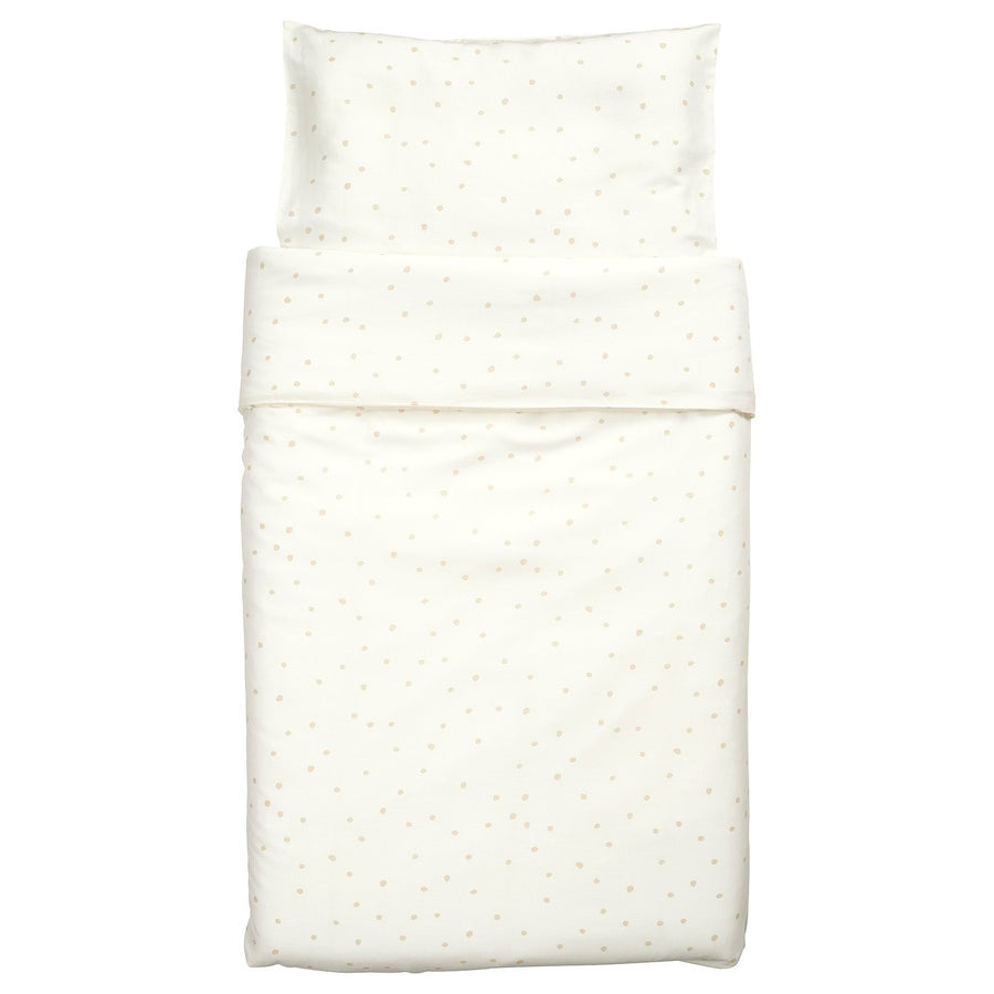 LEN duvet cover 1 pillowcase for cot, white beige/dot pattern, 110x125/35x55 cm