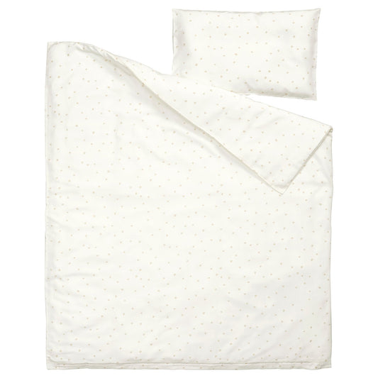 LEN duvet cover 1 pillowcase for cot, white beige/dot pattern, 110x125/35x55 cm
