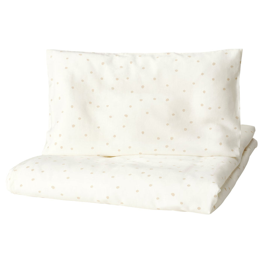 LEN duvet cover 1 pillowcase for cot, white beige/dot pattern, 110x125/35x55 cm