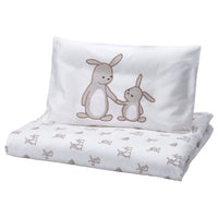 LEN duvet cover 1 pillowcase for cot, white beige/bunny pattern, 110x125/35x55 cm