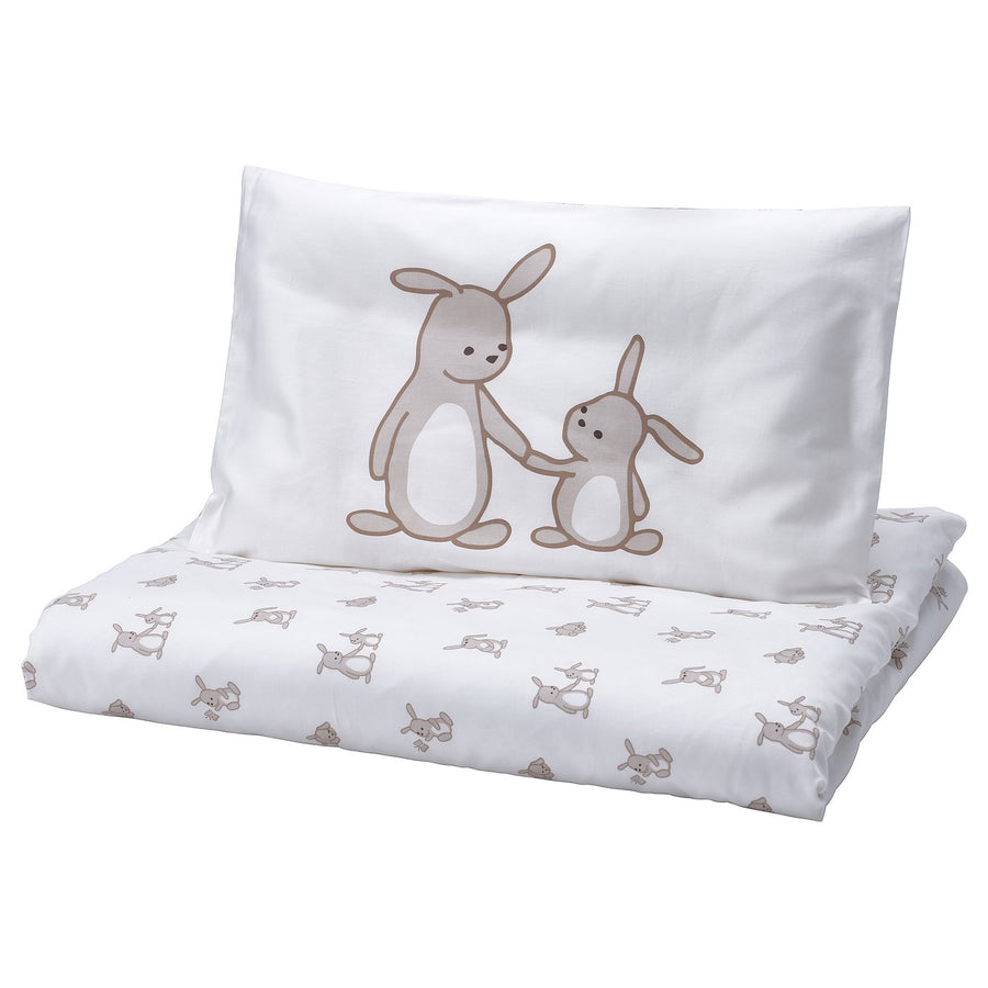LEN duvet cover 1 pillowcase for cot, white beige/bunny pattern, 110x125/35x55 cm
