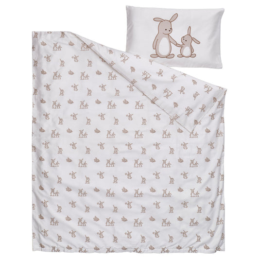 LEN duvet cover 1 pillowcase for cot, white beige/bunny pattern, 110x125/35x55 cm
