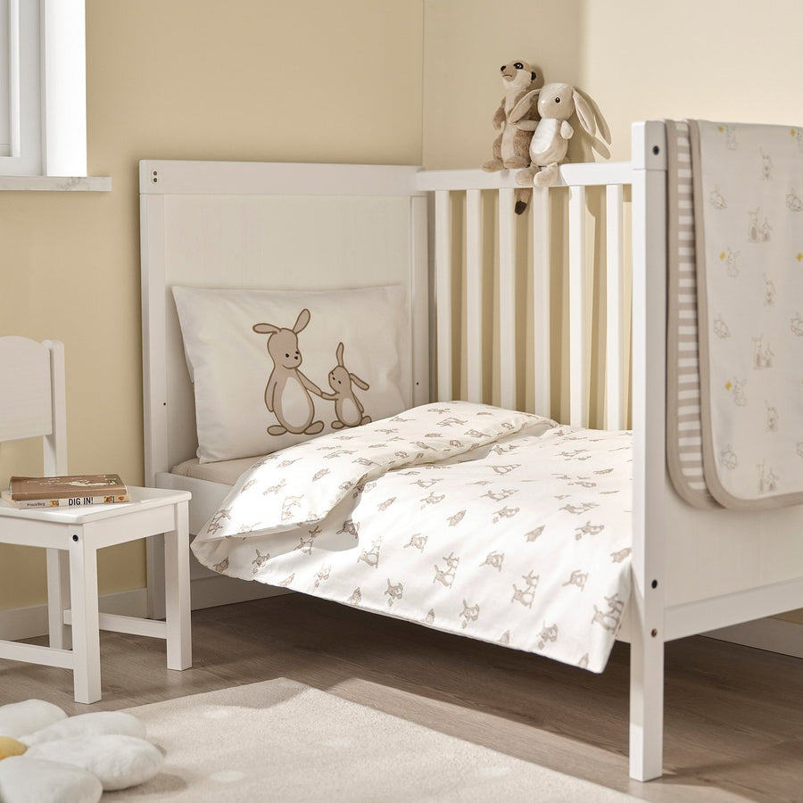 LEN duvet cover 1 pillowcase for cot, white beige/bunny pattern, 110x125/35x55 cm