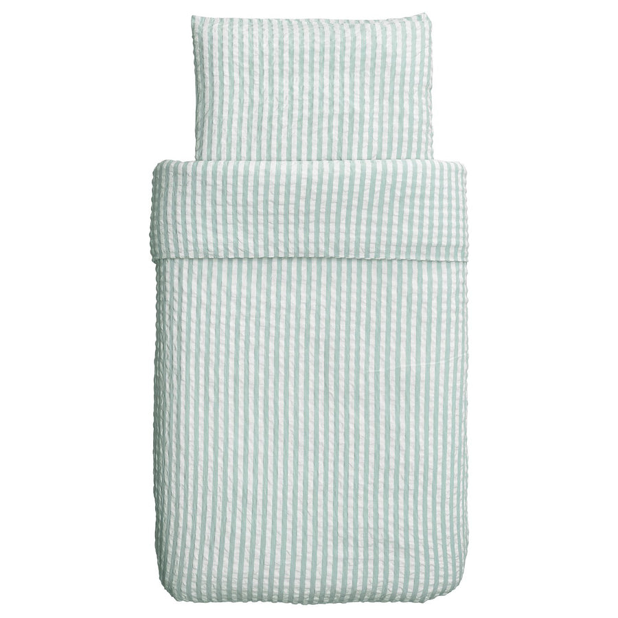 LEN duvet cover 1 pillowcase for cot, white blue/stripe pattern seersucker, 110x125/35x55 cm