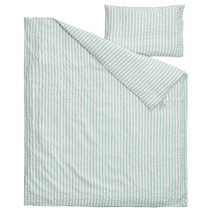 LEN duvet cover 1 pillowcase for cot, white blue/stripe pattern seersucker, 110x125/35x55 cm