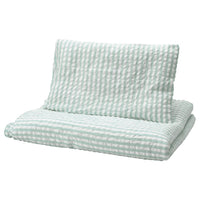 LEN duvet cover 1 pillowcase for cot, white blue/stripe pattern seersucker, 110x125/35x55 cm