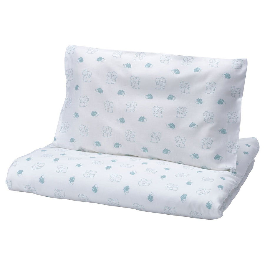 LEN duvet cover 1 pillowcase for cot, white blue/squirrel and hedgehog pattern, 110x125/35x55 cm