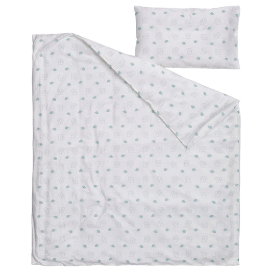 LEN duvet cover 1 pillowcase for cot, white blue/squirrel and hedgehog pattern, 110x125/35x55 cm