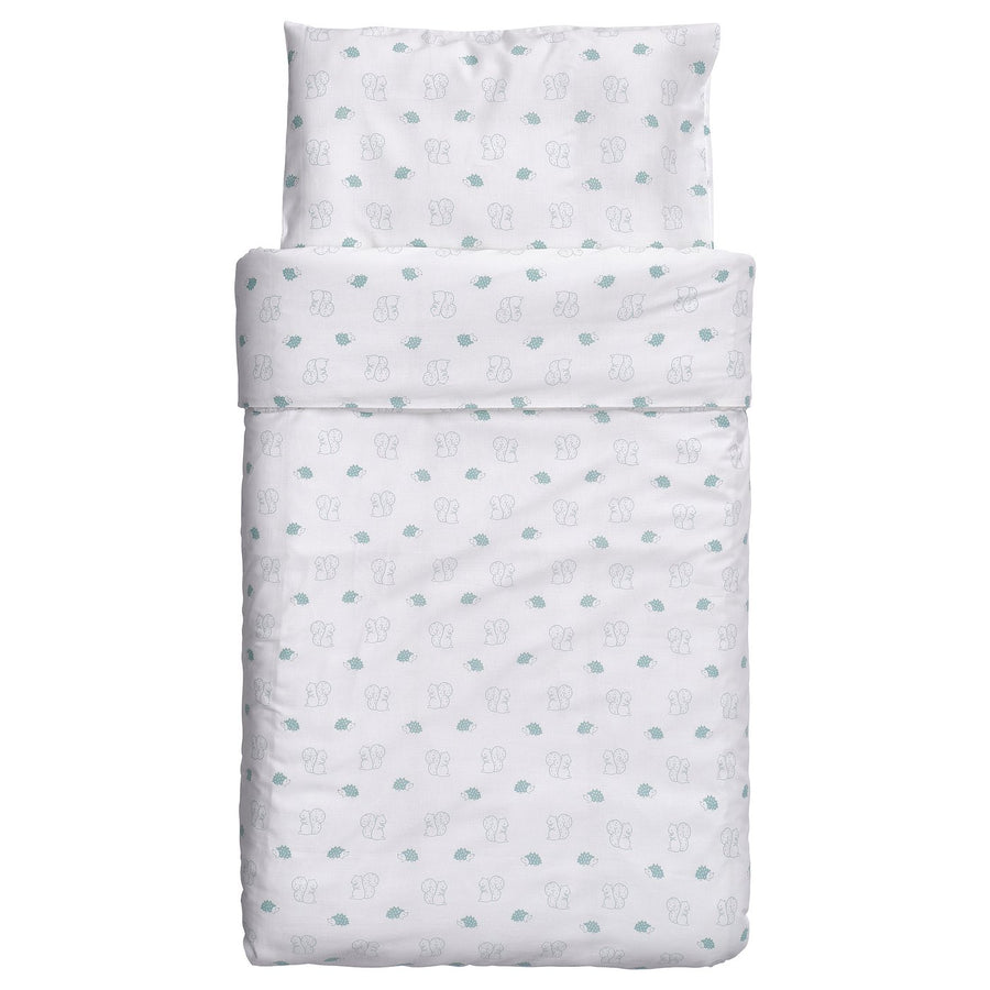 LEN duvet cover 1 pillowcase for cot, white blue/squirrel and hedgehog pattern, 110x125/35x55 cm