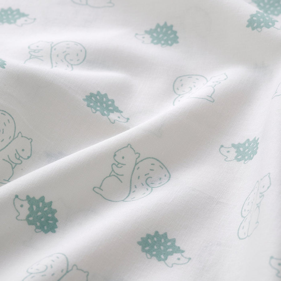 LEN duvet cover 1 pillowcase for cot, white blue/squirrel and hedgehog pattern, 110x125/35x55 cm