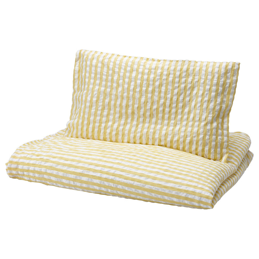 LEN duvet cover 1 pillowcase for cot, white yellow/stripe pattern seersucker, 110x125/35x55 cm