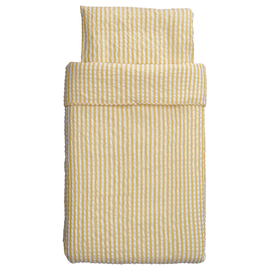 LEN duvet cover 1 pillowcase for cot, white yellow/stripe pattern seersucker, 110x125/35x55 cm