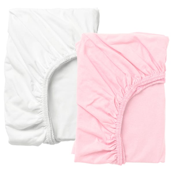 LEN fitted sheet for cot, white/pink, 120x60 cm, 2 pack