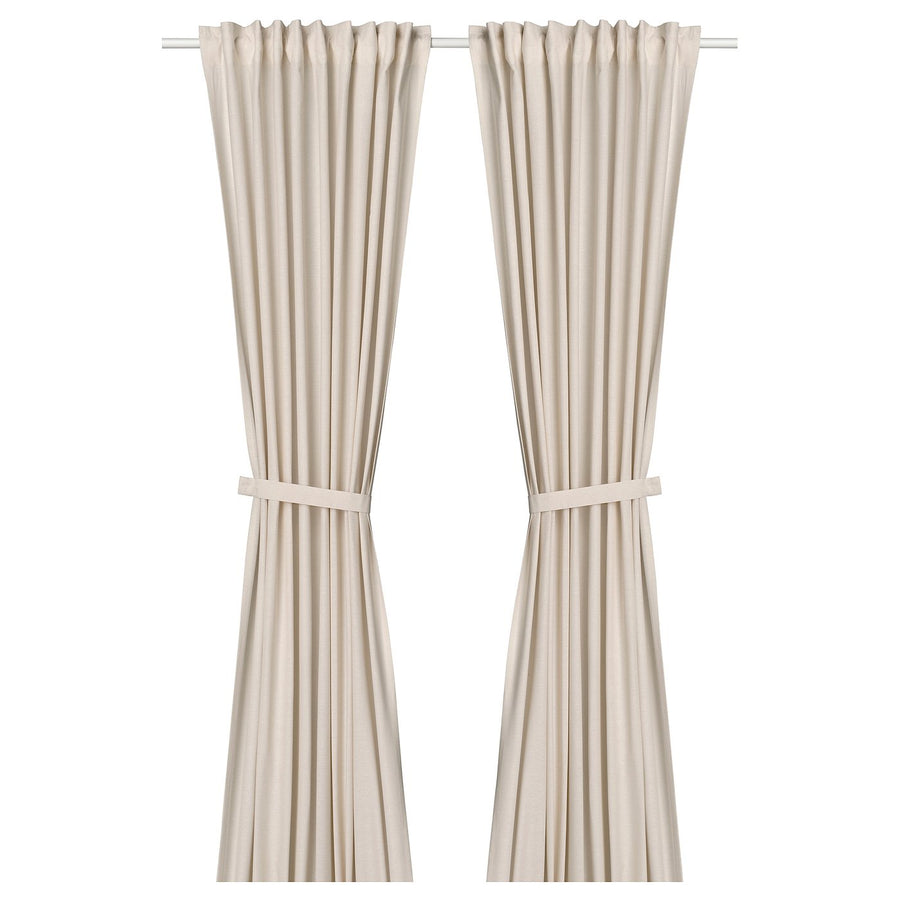 LENDA curtains with tie-backs, 1 pair, off-white/with heading tape, 140x300 cm