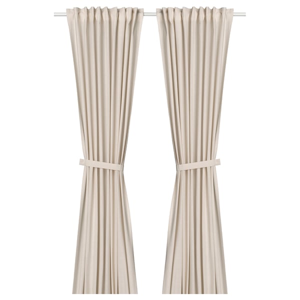 LENDA curtains with tie-backs, 1 pair, off-white/with heading tape, 140x300 cm
