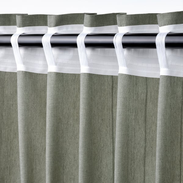 LENDA curtains with tie-backs, 1 pair, light grey-green/with heading tape, 140x300 cm