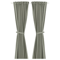 LENDA curtains with tie-backs, 1 pair, light grey-green/with heading tape, 140x300 cm