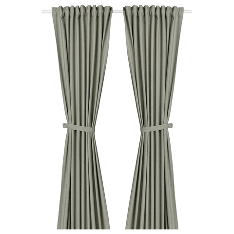 LENDA curtains with tie-backs, 1 pair, light grey-green/with heading tape, 140x300 cm