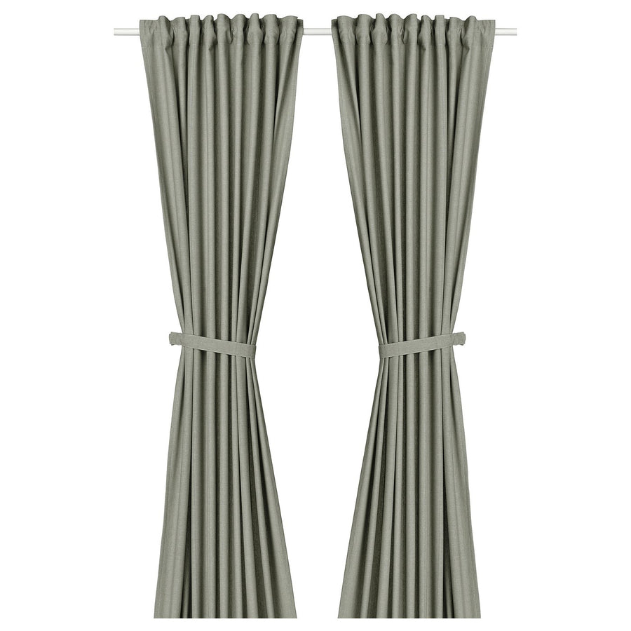 LENDA curtains with tie-backs, 1 pair, light grey-green/with heading tape, 140x300 cm