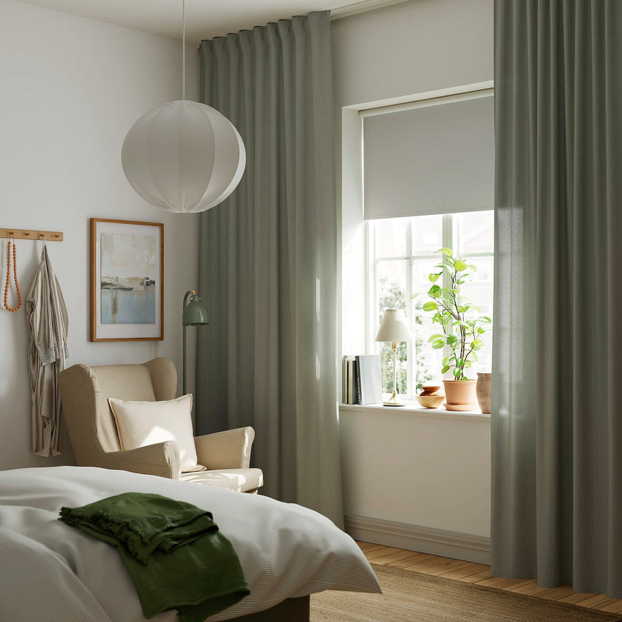 LENDA curtains with tie-backs, 1 pair, light grey-green/with heading tape, 140x300 cm