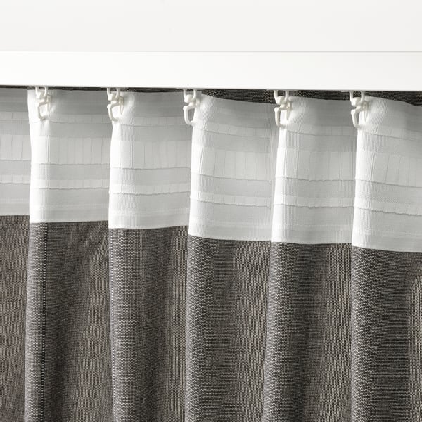 LENDA curtains with tie-backs, 1 pair, dark grey/with heading tape, 140x300 cm