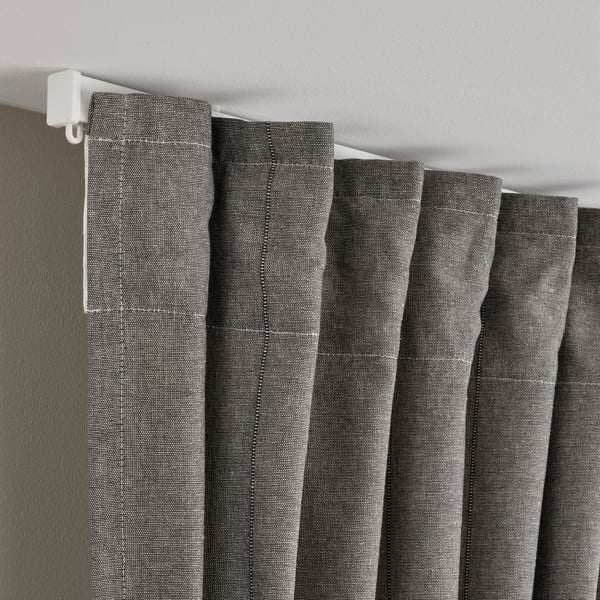 LENDA curtains with tie-backs, 1 pair, dark grey/with heading tape, 140x300 cm