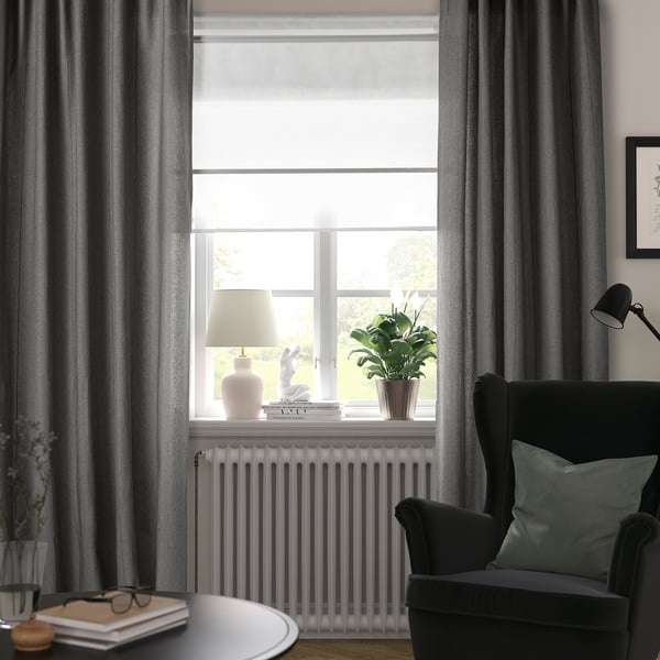 LENDA curtains with tie-backs, 1 pair, dark grey/with heading tape, 140x300 cm