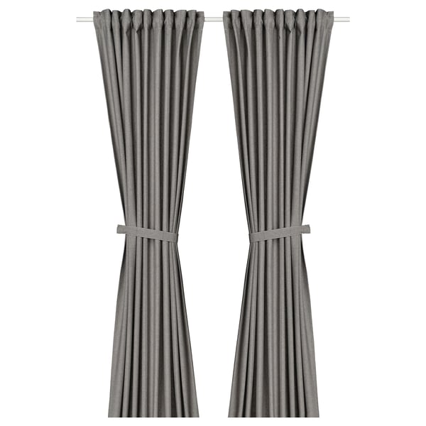 LENDA curtains with tie-backs, 1 pair, dark grey/with heading tape, 140x300 cm