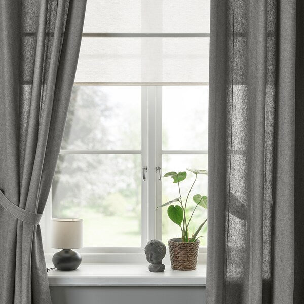 LENDA curtains with tie-backs, 1 pair, dark grey/with heading tape, 140x300 cm
