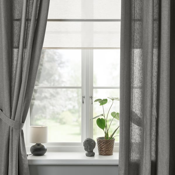 LENDA curtains with tie-backs, 1 pair, dark grey/with heading tape, 140x300 cm