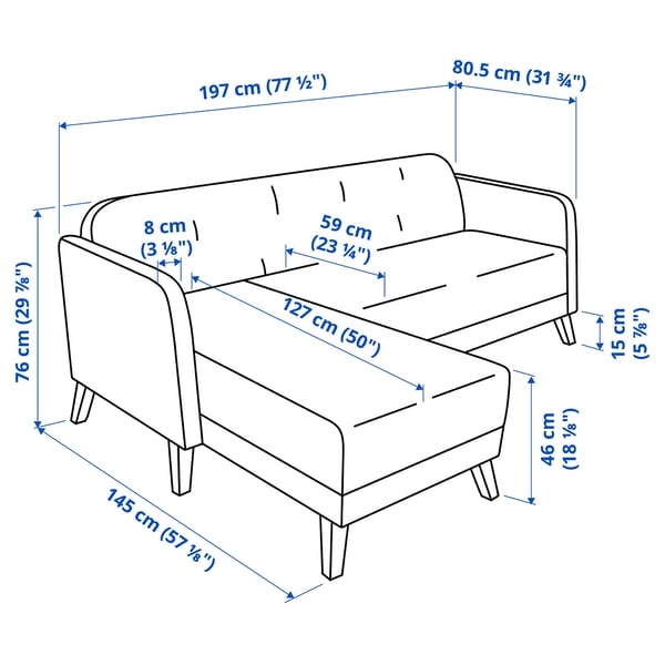 LINANÄS 3-seat sofa, Depth: 80.5 cmHeight: 76.0 cmSeat depth: 59 cmSeat height: 46 cmWidth: 197 cmArmrest height: 66 cmChaise longue depth: 145 cmH space under the furniture: 15 cmSeat depth, chaise longue: 127 cmSeat width: 178 cm