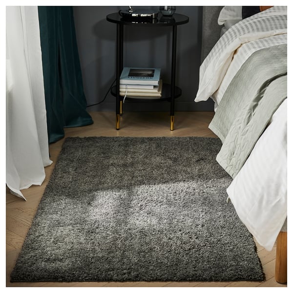 LINDKNUD rug, high pile, dark grey, 80x150 cm