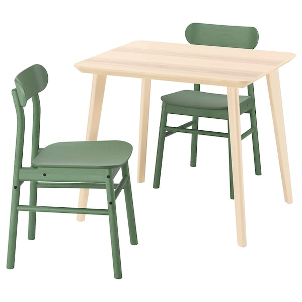 LISABO / RÖNNINGE - Table and 2 chairs, ash veneer/green,88x78 cm