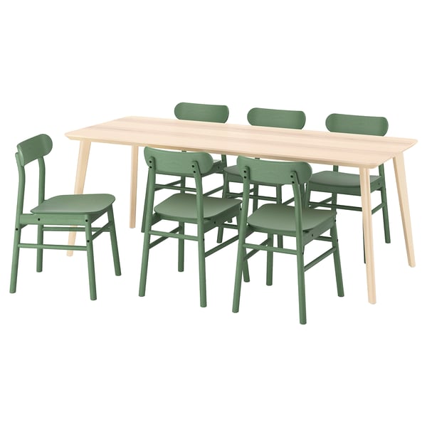 LISABO / RÖNNINGE table and 6 chairs, ash veneer/green, 200x78 cm