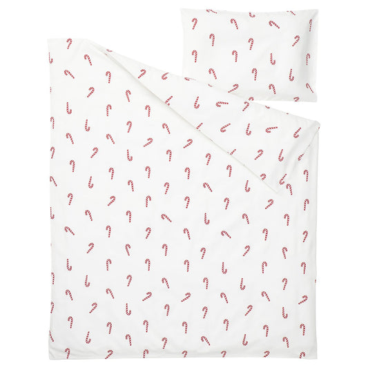 LÖVSÅNGARE duvet cover 1 pillowcase for cot, candy cane pattern, 110x125/35x55 cm
