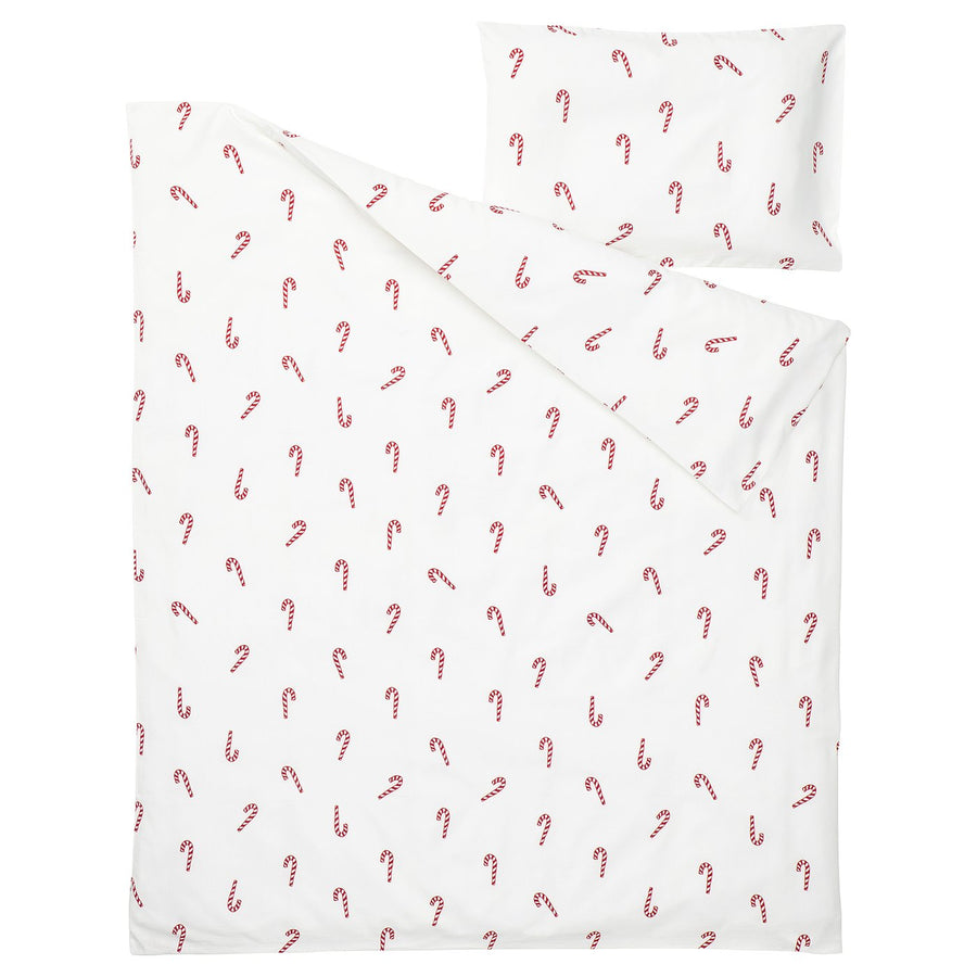 LÖVSÅNGARE duvet cover 1 pillowcase for cot, candy cane pattern, 110x125/35x55 cm
