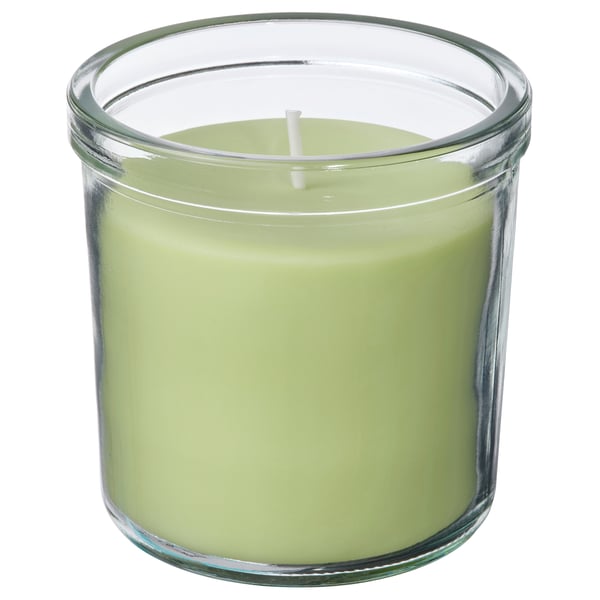 LÖVSKOGSLUND scented candle in glass, Apple/light green, 40 h