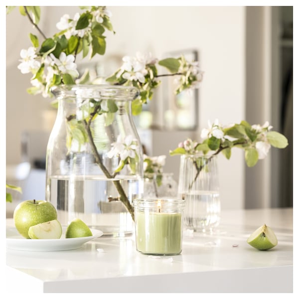 LÖVSKOGSLUND scented candle in glass, Apple/light green, 40 h