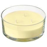 LOTSFÅGEL scented candle in glass, 3 wicks, Citrus flower light yellow, 25 hr