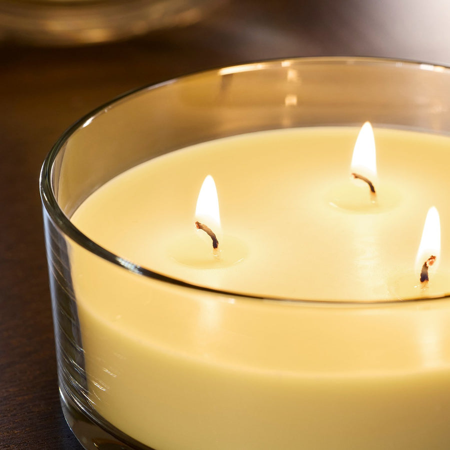 LOTSFÅGEL scented candle in glass, 3 wicks, Citrus flower light yellow, 25 hr