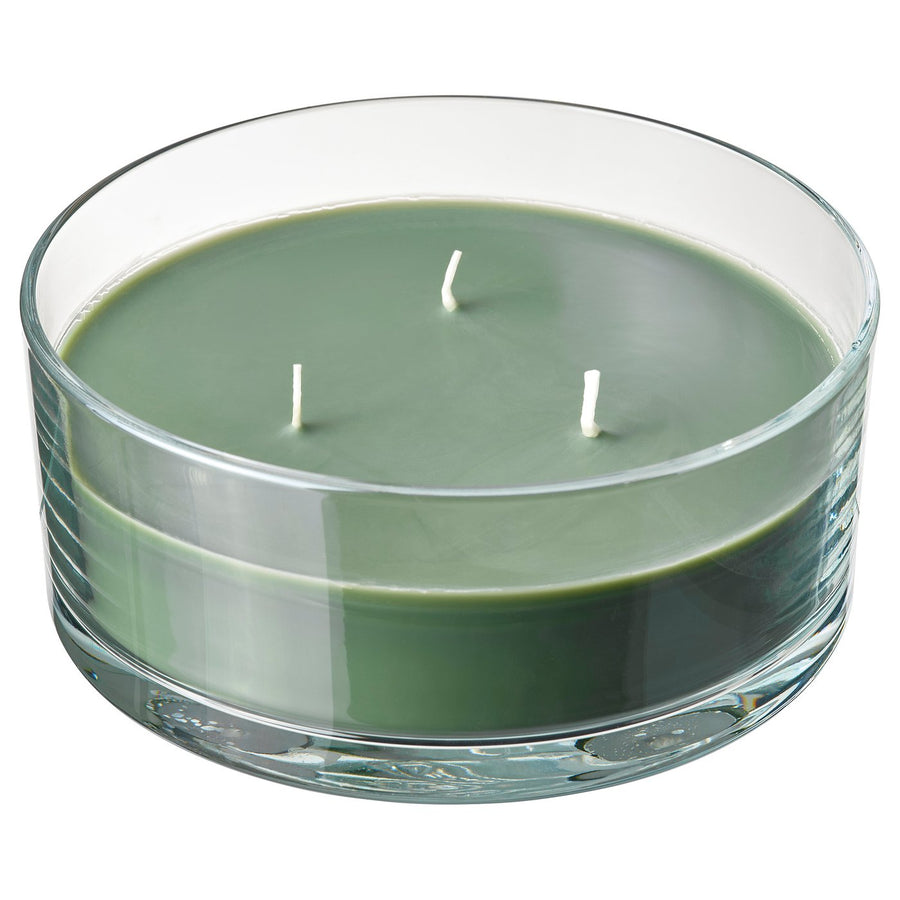 LOTSFÅGEL scented candle in glass, 3 wicks, Fig leaf green, 25 hr