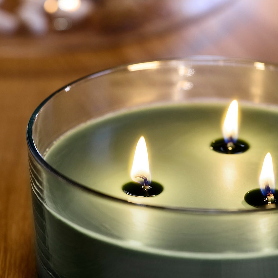 LOTSFÅGEL scented candle in glass, 3 wicks, Fig leaf green, 25 hr