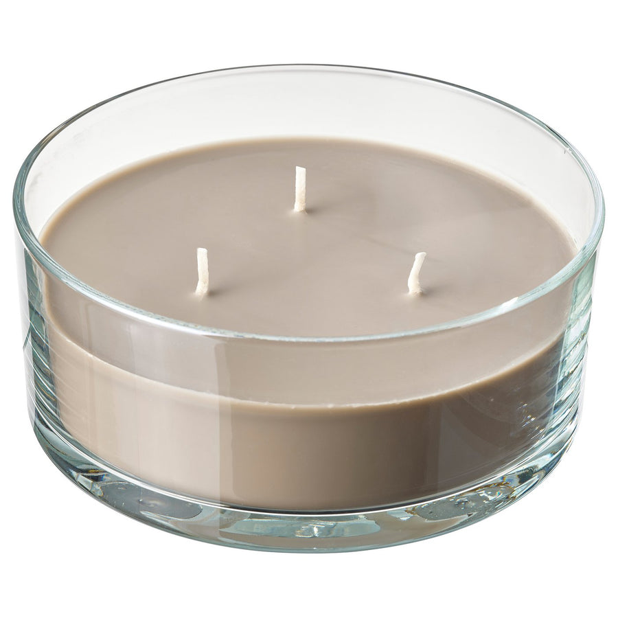 LOTSFÅGEL scented candle in glass, 3 wicks, Sandalwood & patchouli brown, 25 hr