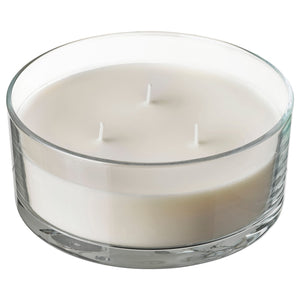 LOTSFÅGEL scented candle in glass, 3 wicks, Vanilla pale beige, 15 cm