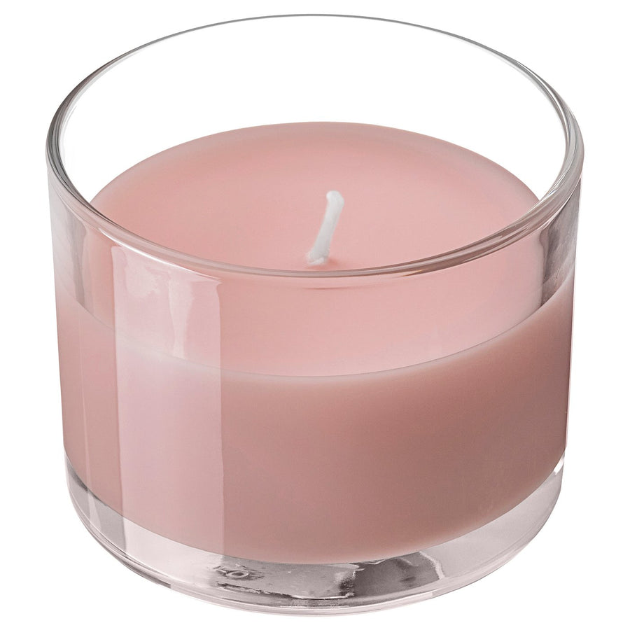 LOTSFÅGEL scented candle in glass, Red berries light pink, 8 cm