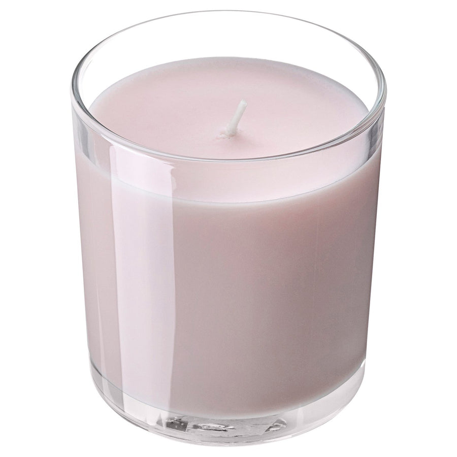 LOTSFÅGEL scented candle in glass, Pink flowers pale pink, 8 cm