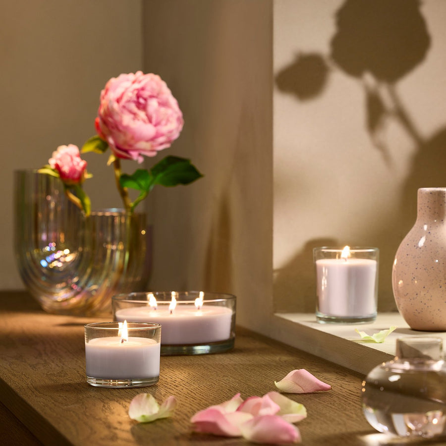 LOTSFÅGEL scented candle in glass, Pink flowers pale pink, 8 cm