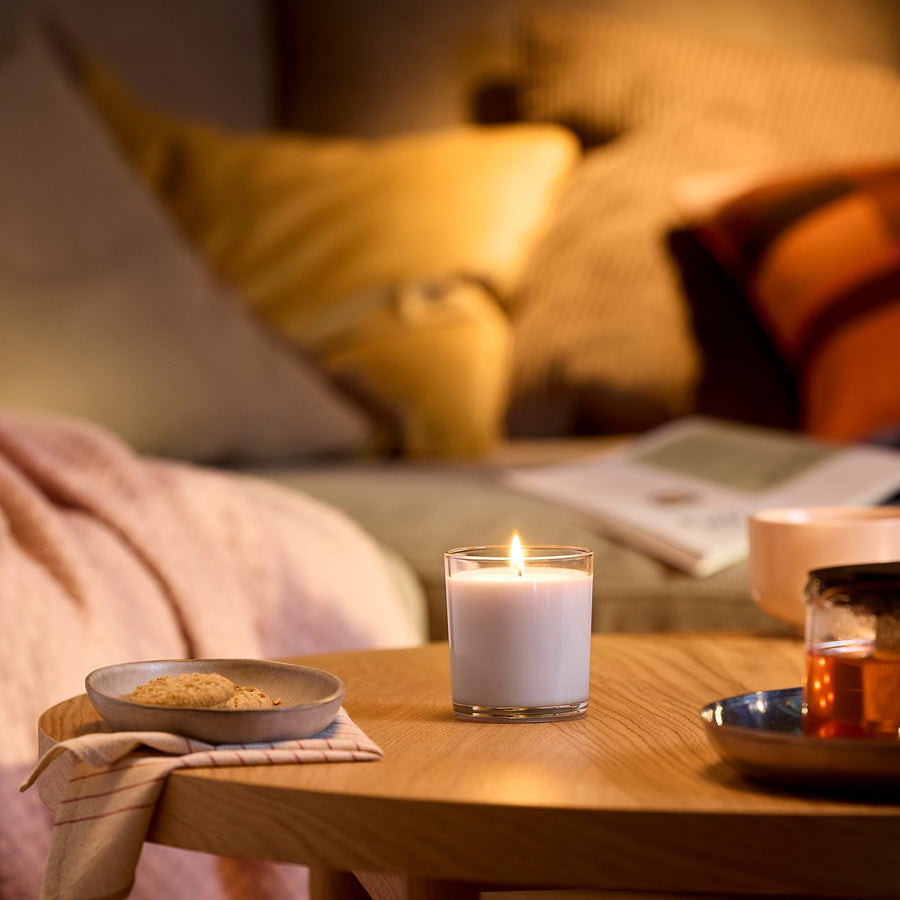 LOTSFÅGEL scented candle in glass, Pink flowers pale pink, 8 cm