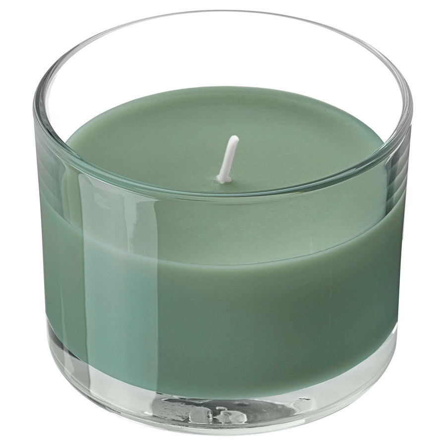LOTSFÅGEL scented candle in glass, Fig leaf green, 20 hr