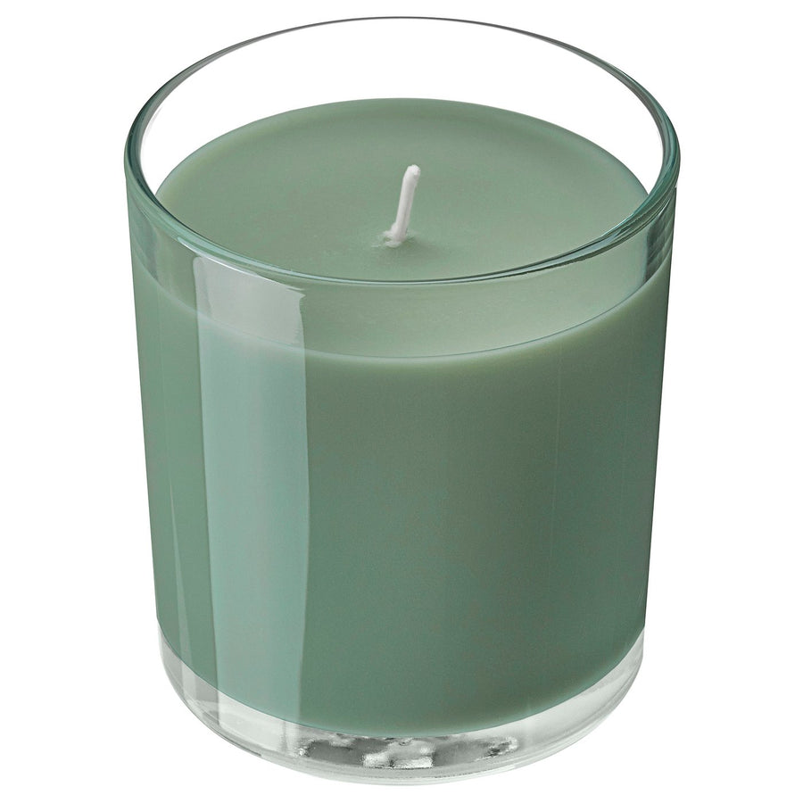 LOTSFÅGEL scented candle in glass, Fig leaf green, 8 cm